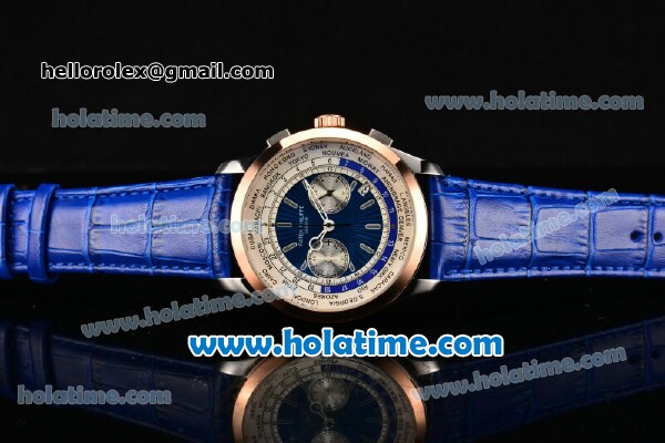 Patek Philippe Complicated World Time Chrono Miyota Quartz Steel Case with White/Blue Dial and Rose Gold Bezel - Click Image to Close